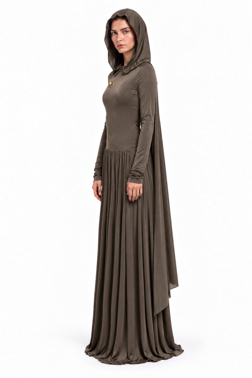"Layla" Jersey Hooded Cape Maxi Dress