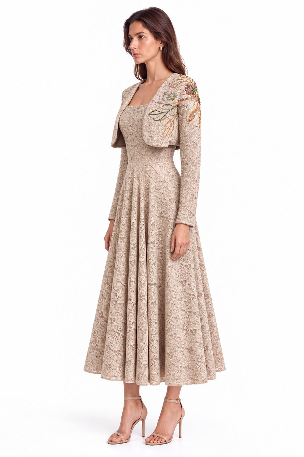 "Elara" Square-Neck Lace Midi Dress