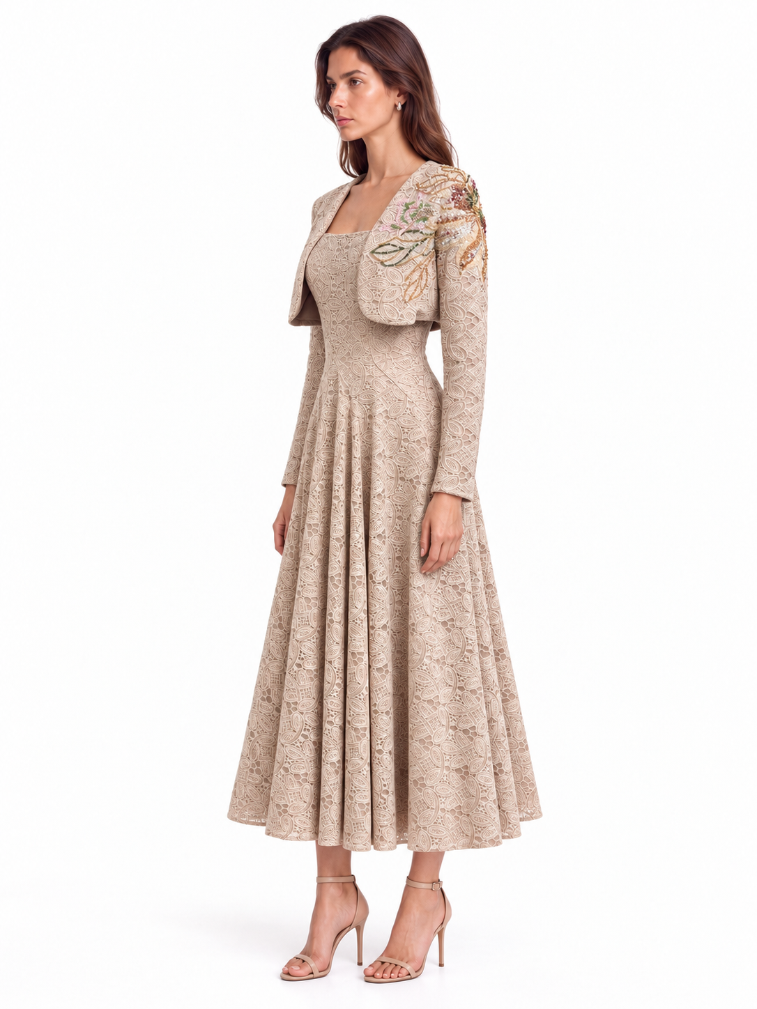 "Elara" Square-Neck Lace Midi Dress