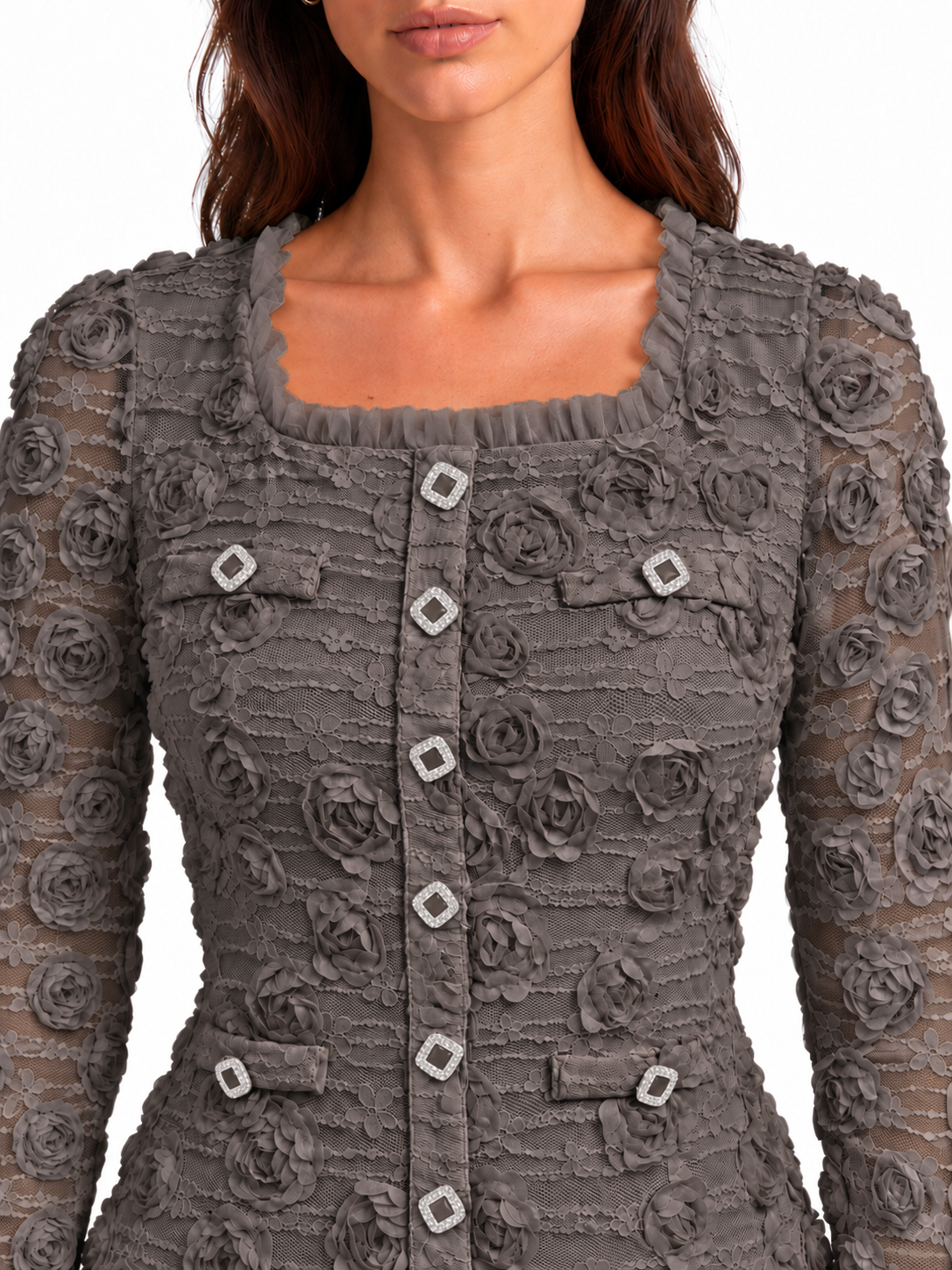 "Elara" 3D Floral Lace Button-Front Dress