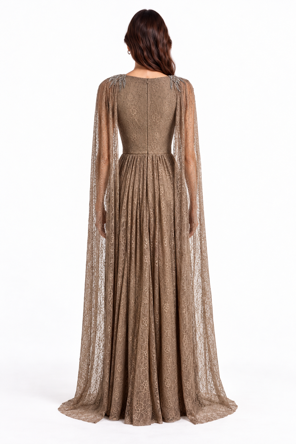 "Nadia" Crystal Cape Lace Gown
