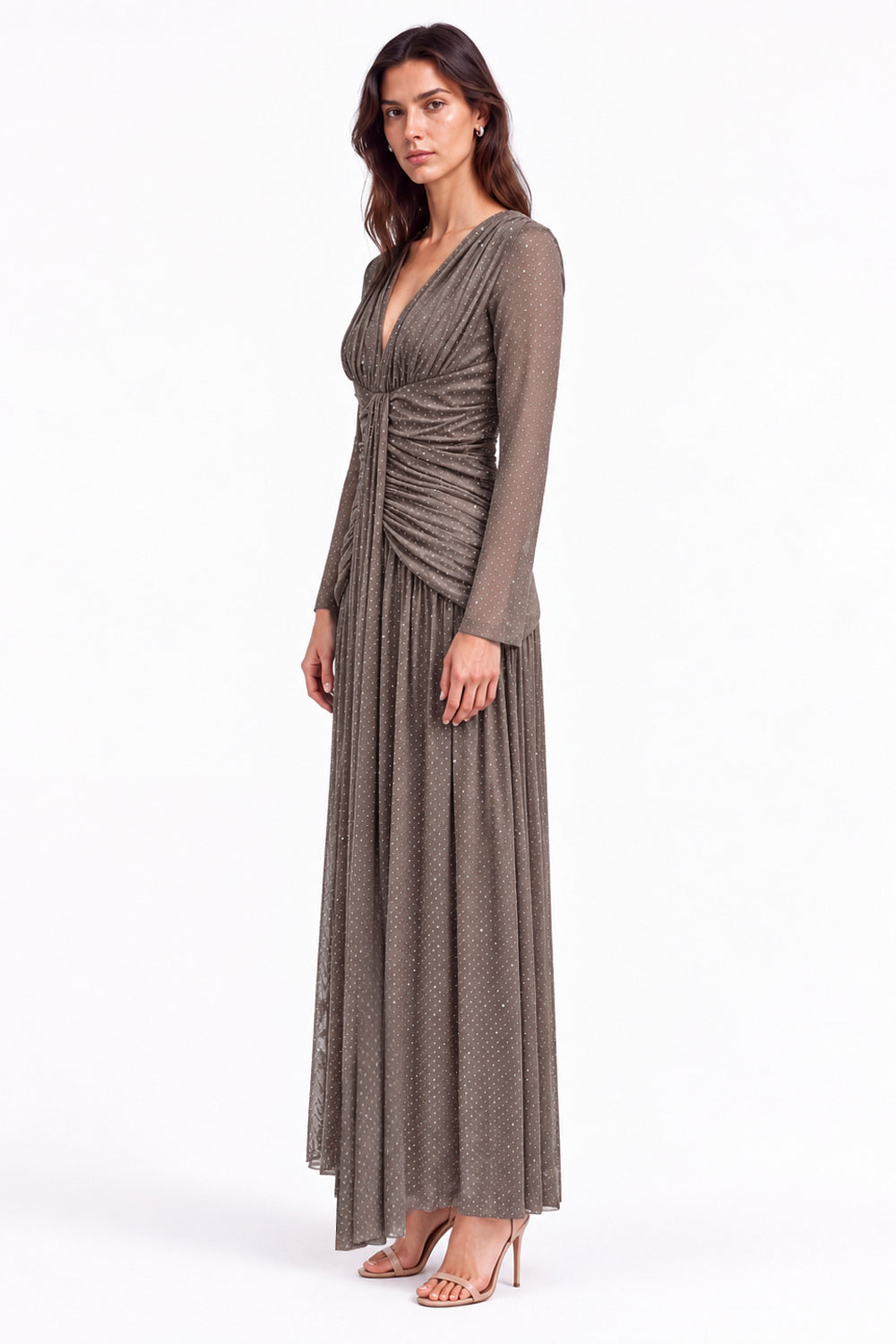 "Nadia" Deep V-Neck Ruched Maxi Dress