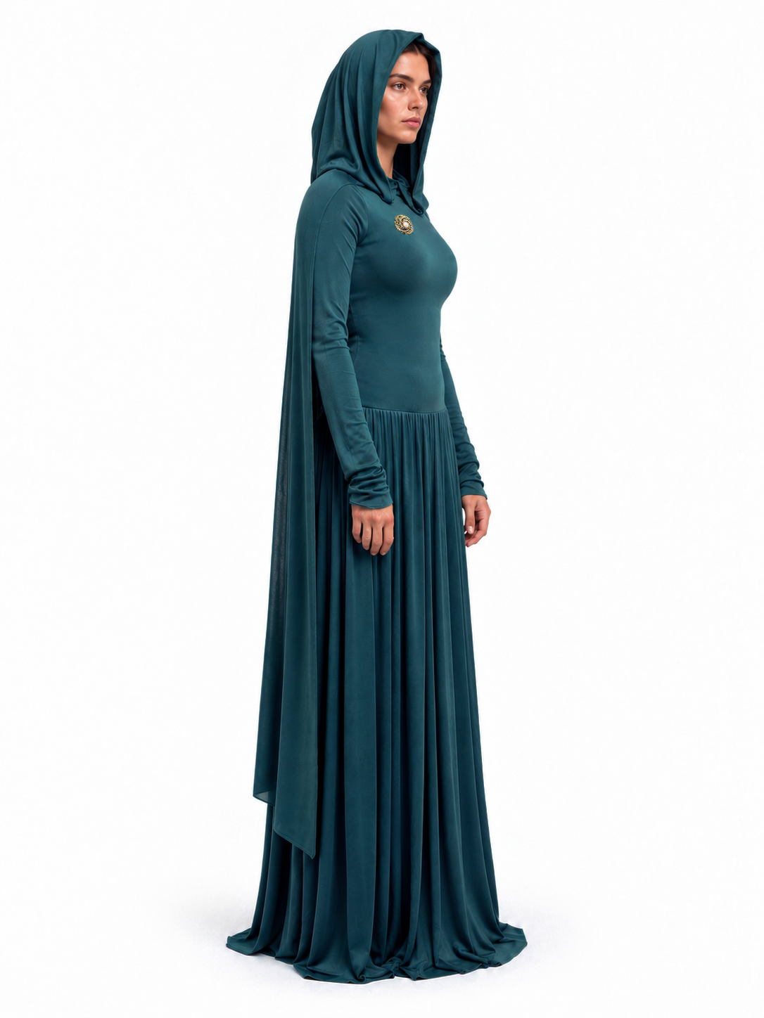 "Layla" Jersey Hooded Cape Maxi Dress