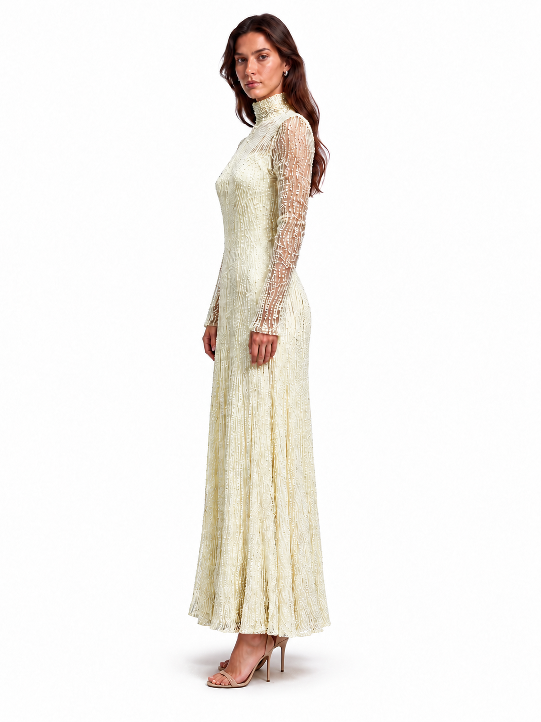 "Elara" High-Neck Beaded Lace Maxi Dress
