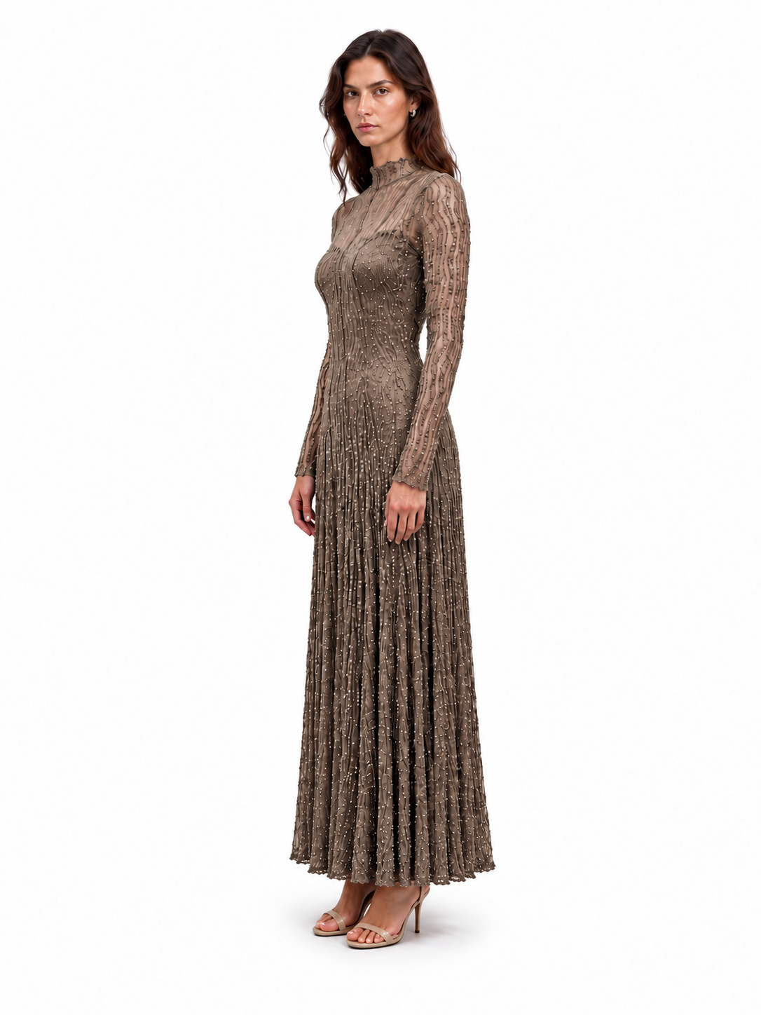"Elara" High-Neck Beaded Lace Maxi Dress