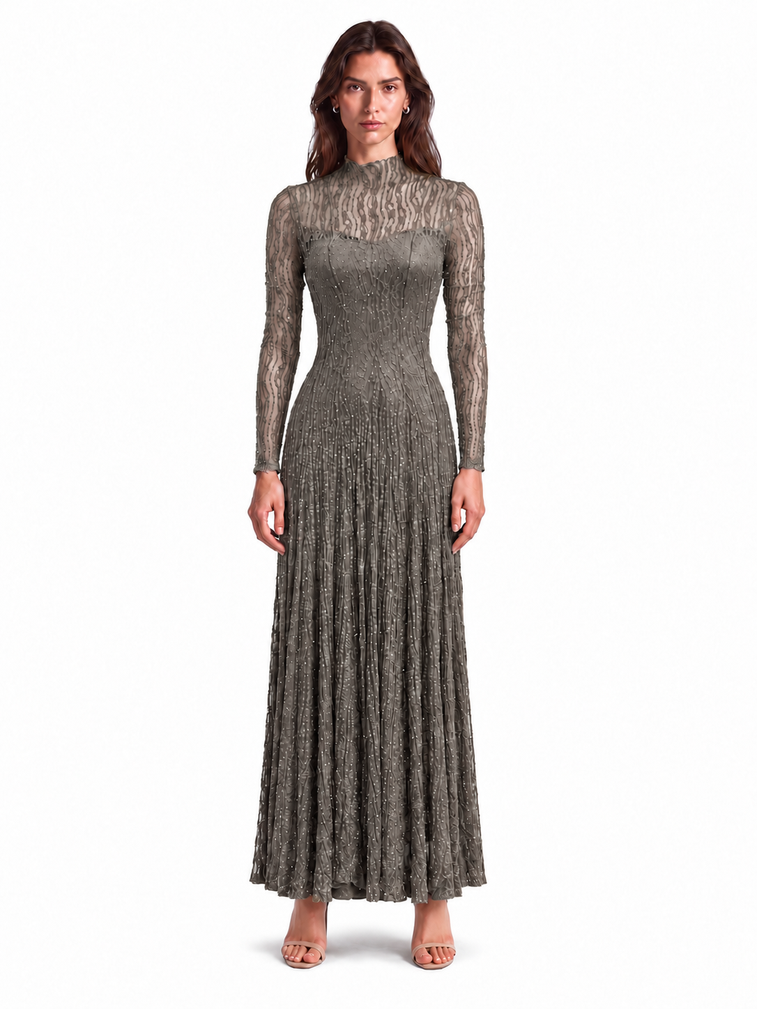 "Elara" High-Neck Beaded Lace Maxi Dress