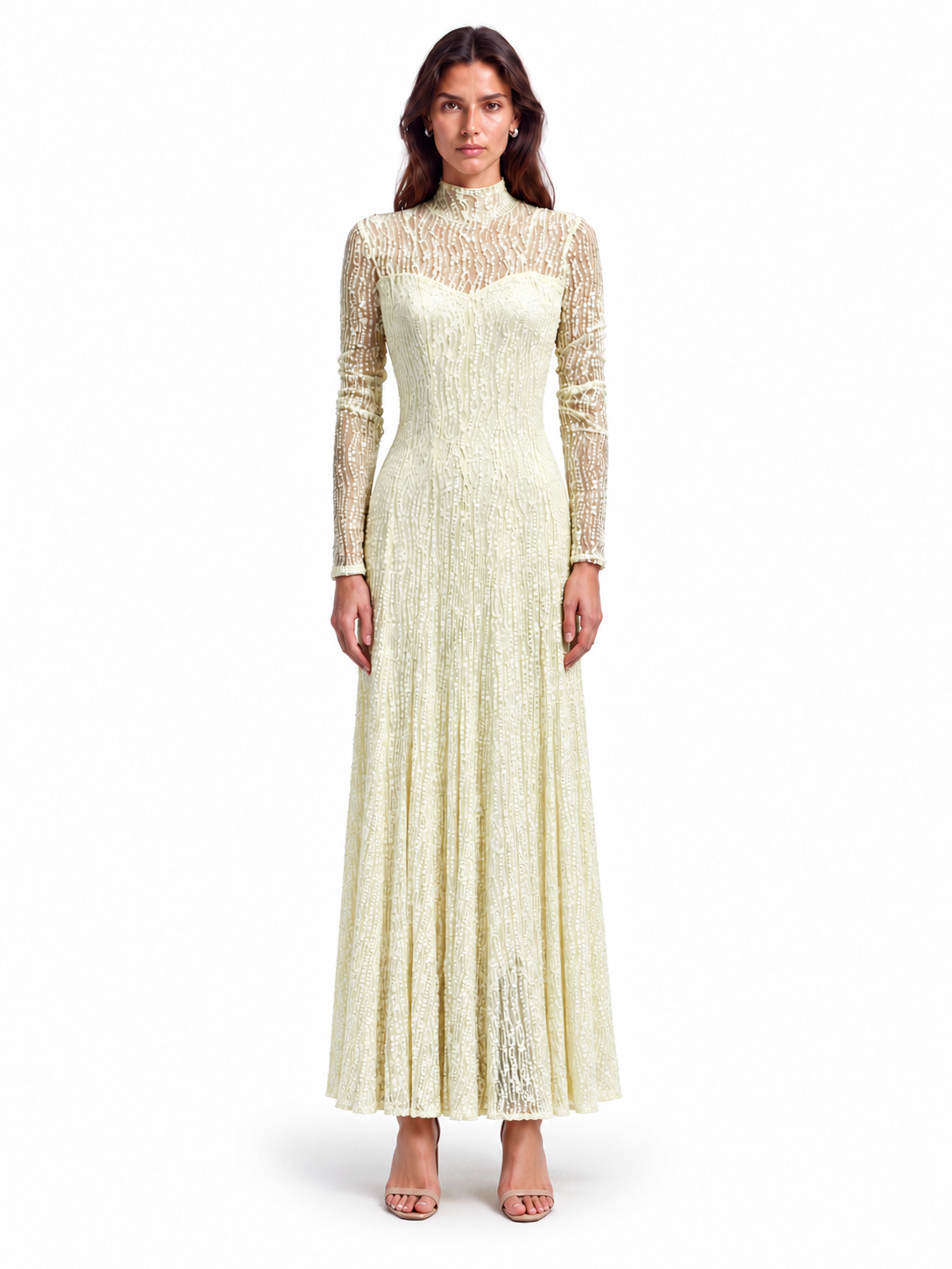 "Elara" High-Neck Beaded Lace Maxi Dress
