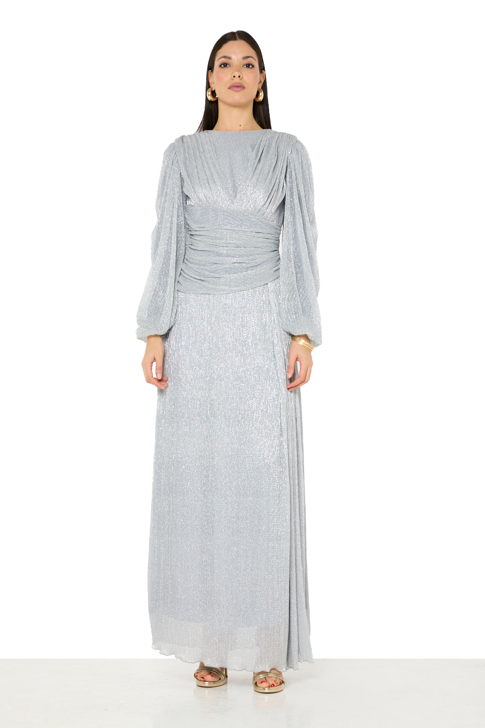 Ruched Waist Pleated Long-Sleeve Gown