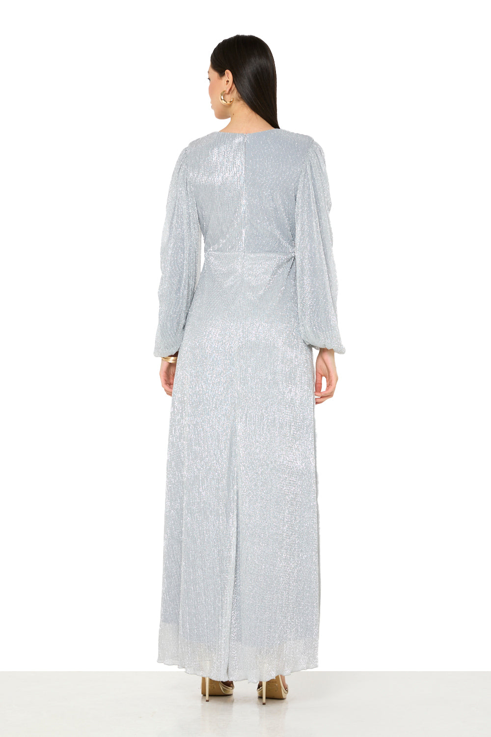 Ruched Waist Pleated Long-Sleeve Gown
