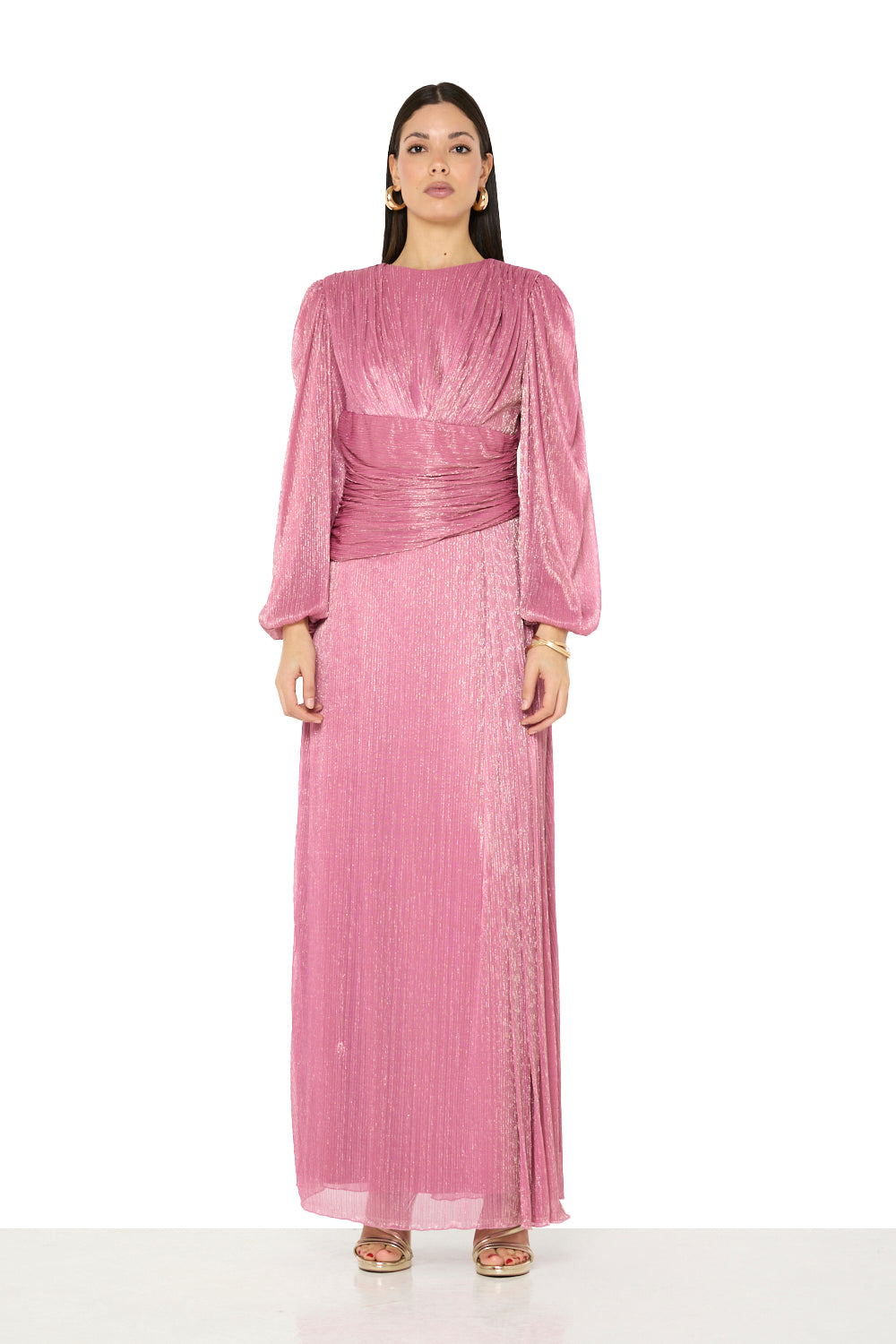 Ruched Waist Pleated Long-Sleeve Gown
