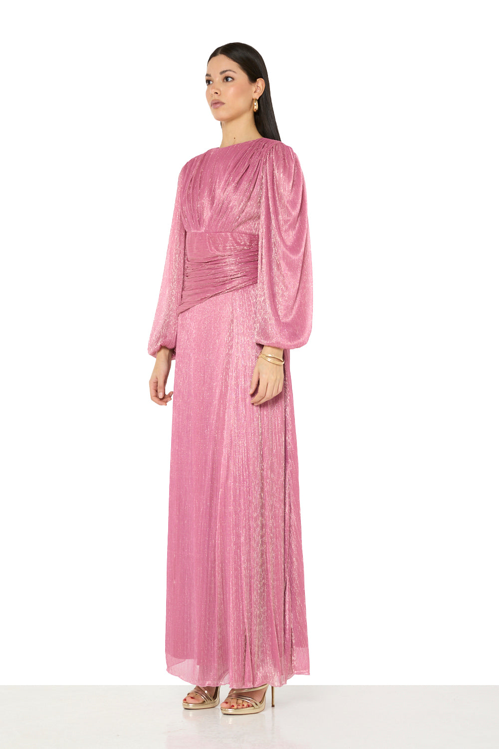 Ruched Waist Pleated Long-Sleeve Gown