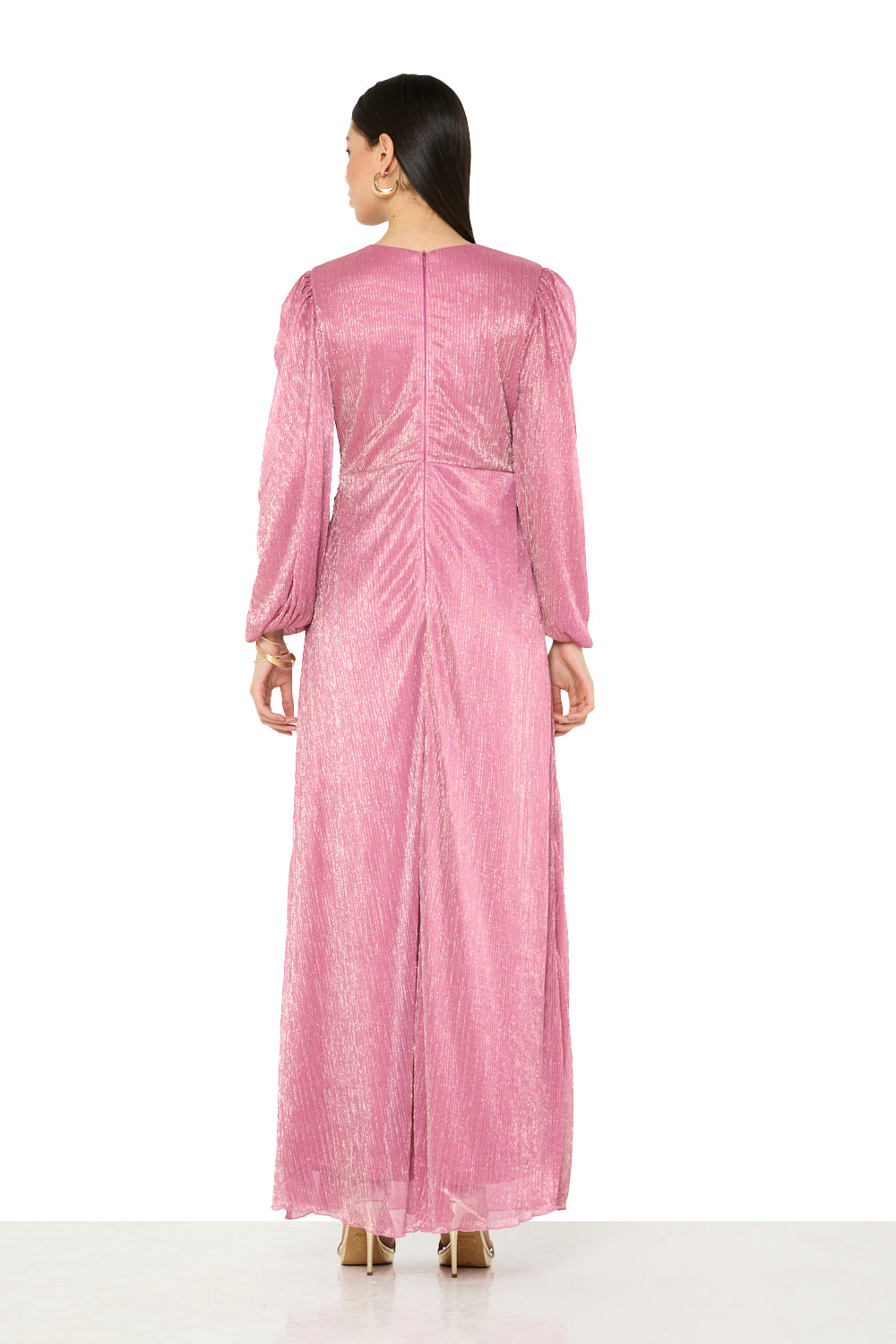 Ruched Waist Pleated Long-Sleeve Gown
