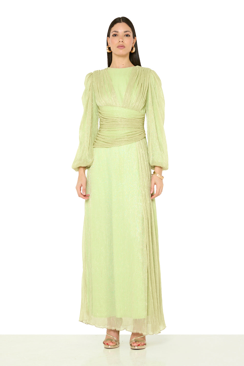 Ruched Waist Pleated Long-Sleeve Gown