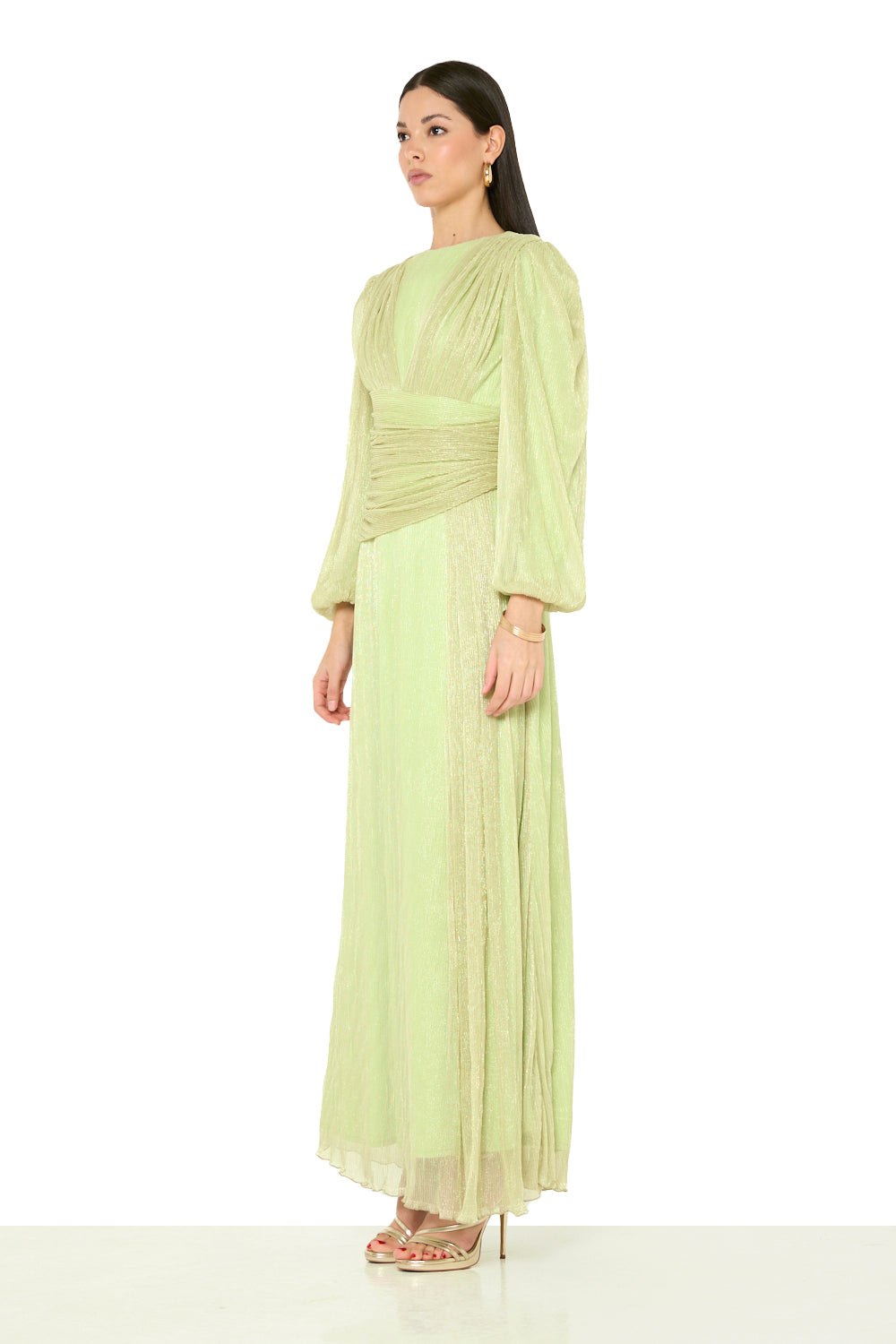 Ruched Waist Pleated Long-Sleeve Gown