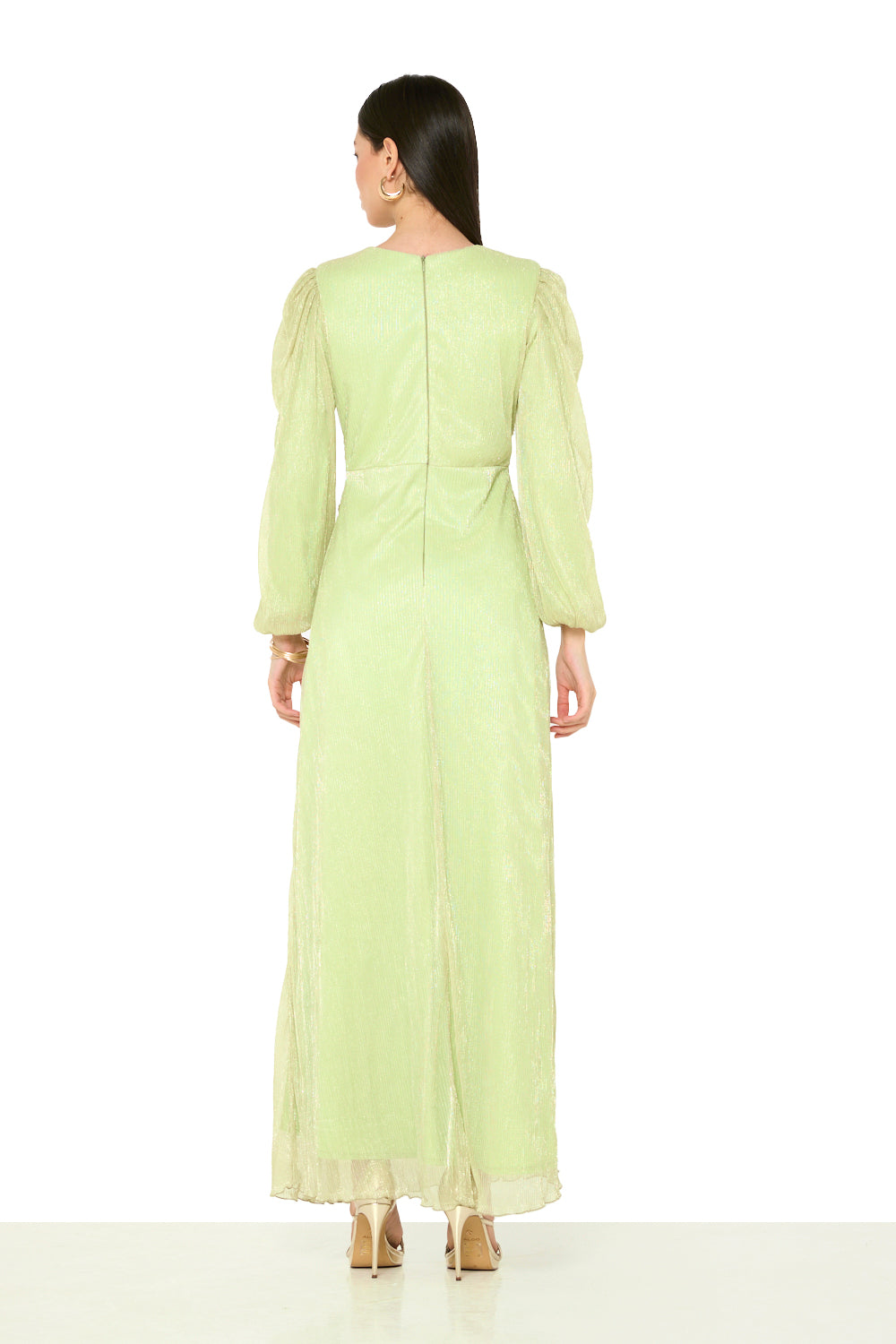 Ruched Waist Pleated Long-Sleeve Gown