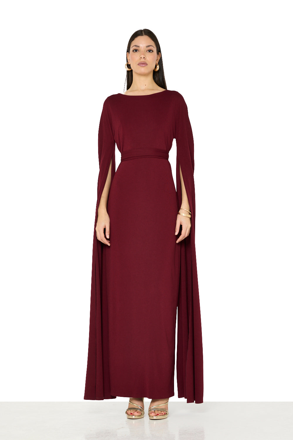 Draped Cape-Sleeve Maxi Gown