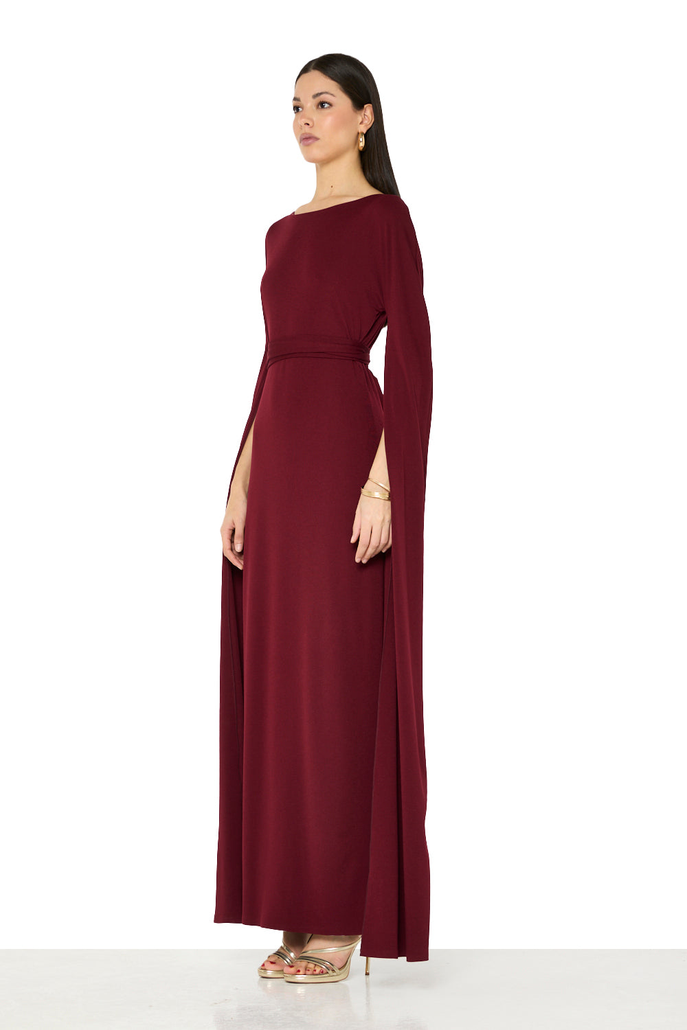 Draped Cape-Sleeve Maxi Gown