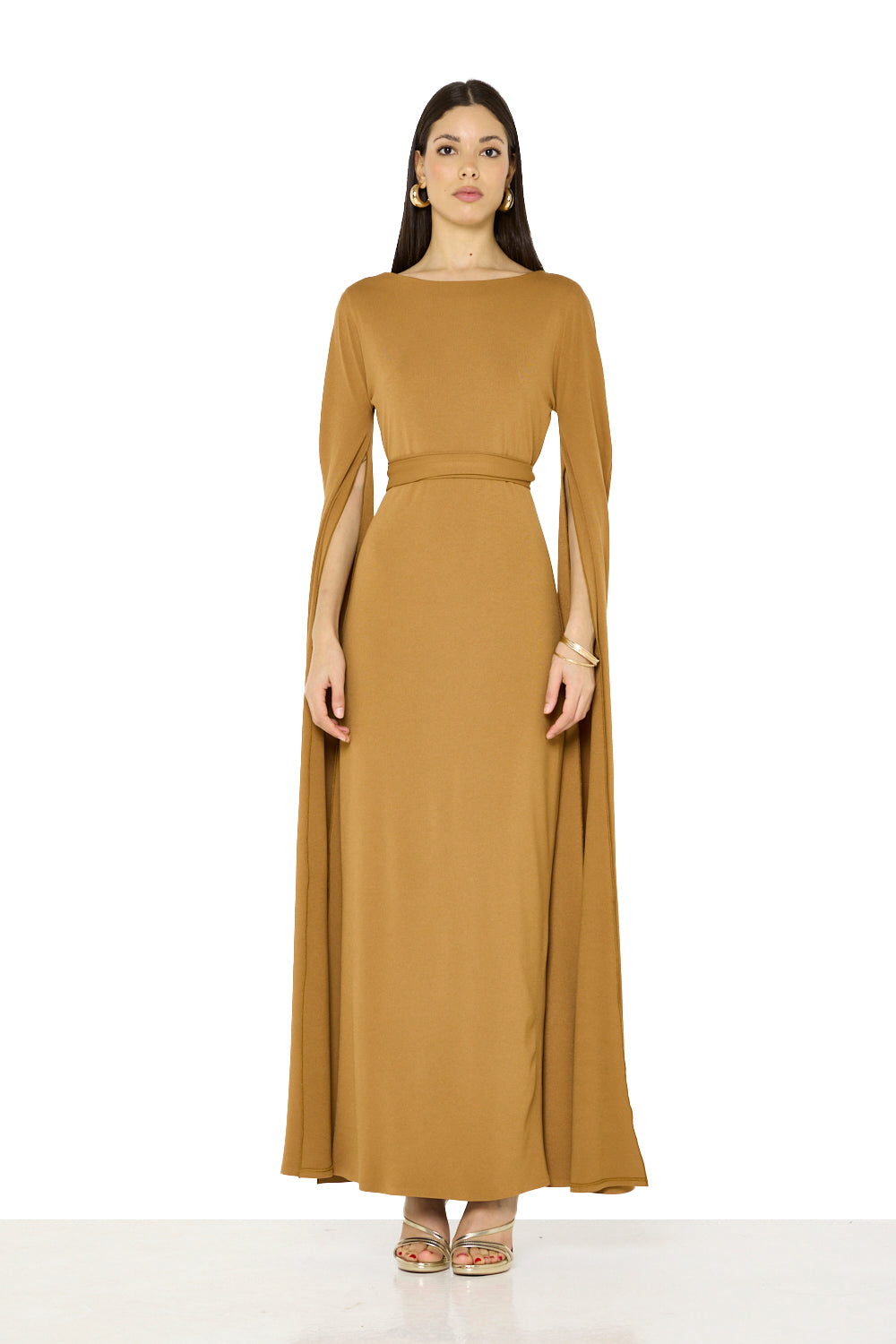 Draped Cape-Sleeve Maxi Gown