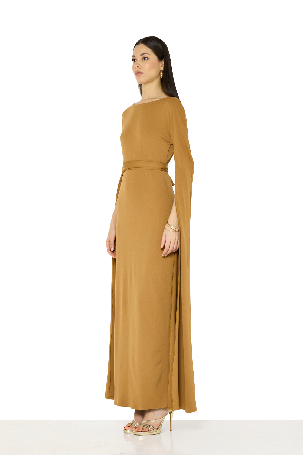 Draped Cape-Sleeve Maxi Gown