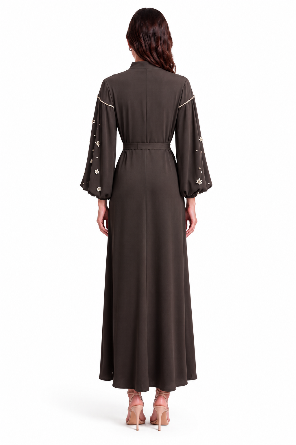 "Mariam" Pearl Tie-Neck Balloon Sleeve Dress