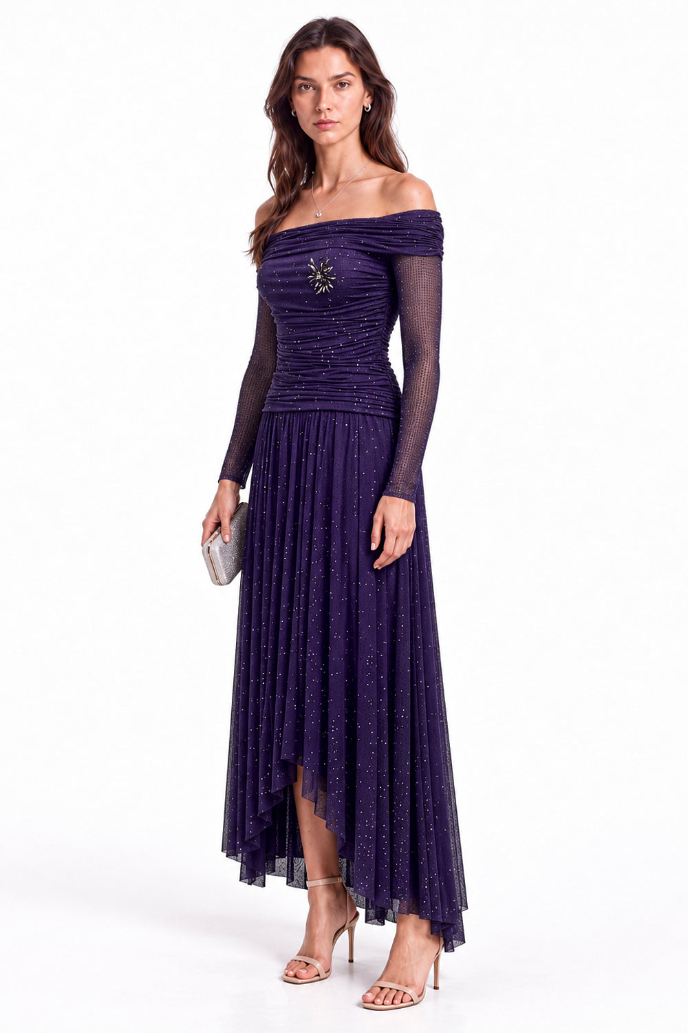 "Nadia" Off-Shoulder Asymmetric Hem Gown