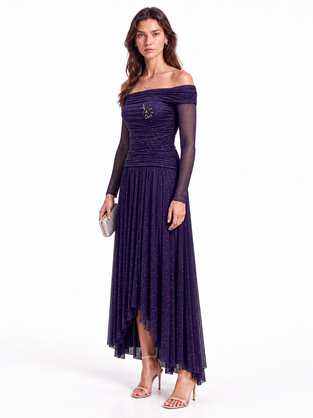 "Nadia" Off-Shoulder Asymmetric Hem Gown