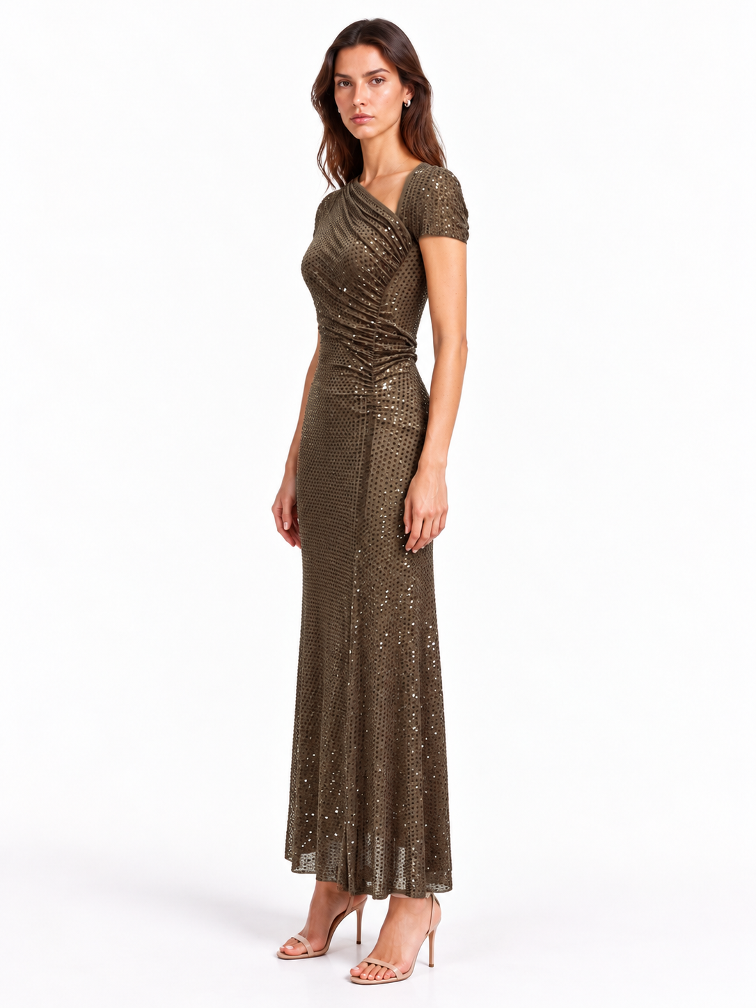 "Lina" Asymmetric Neck Rhinestone Mesh Dress
