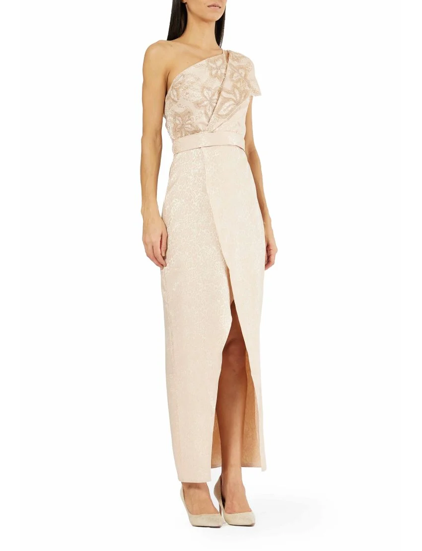 Embellished One-Shoulder Jacquard Wrap Gown