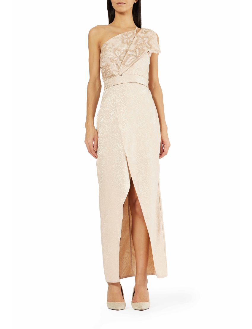 Embellished One-Shoulder Jacquard Wrap Gown