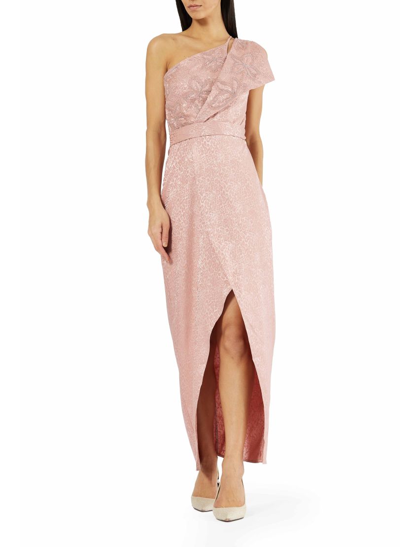 Embellished One-Shoulder Jacquard Wrap Gown