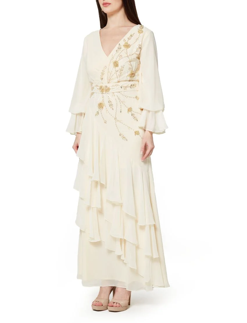 Embroidered Ruffle Cascade Gown