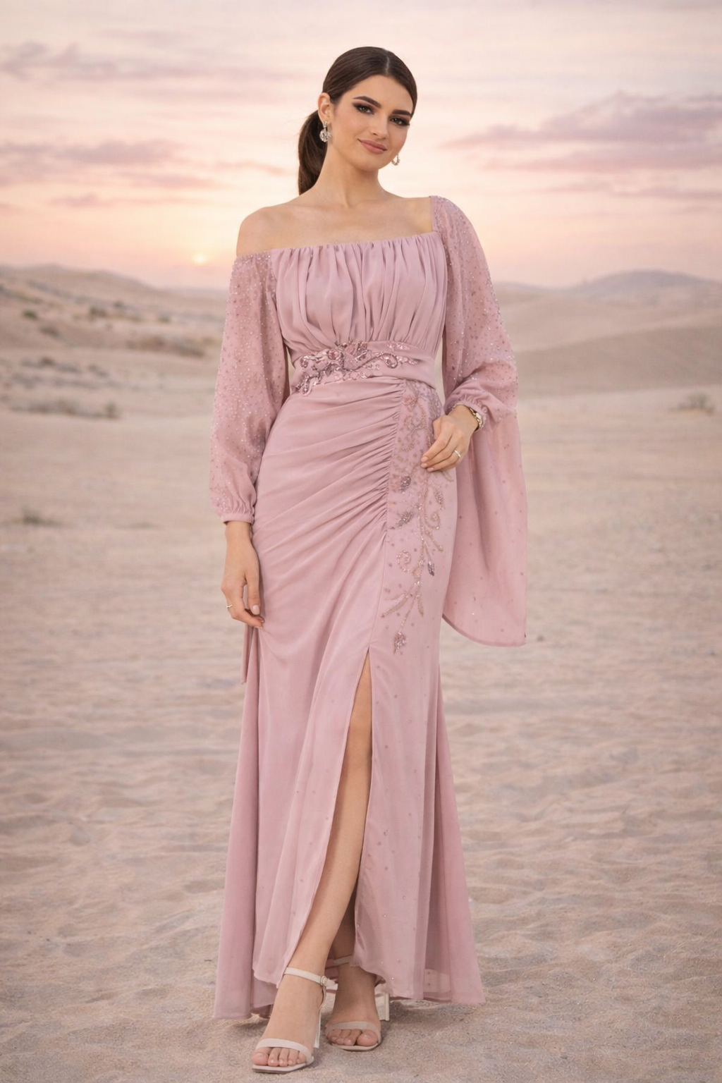 Ruched Embellished Draped Dress