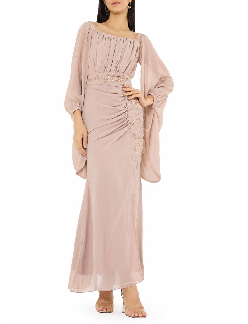 Ruched Embellished Draped Dress