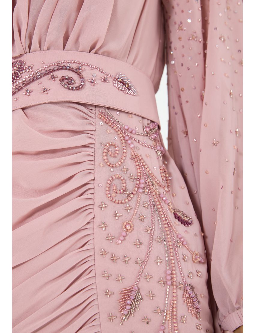 Ruched Embellished Draped Dress
