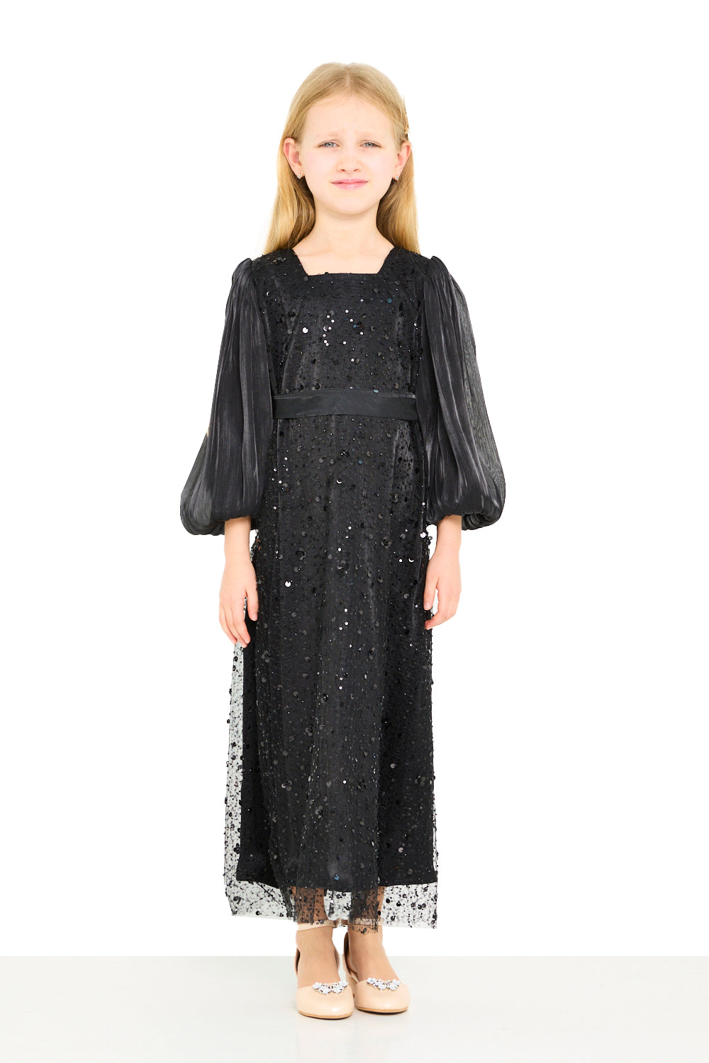 Sequin Panel Puff Sleeve Dress