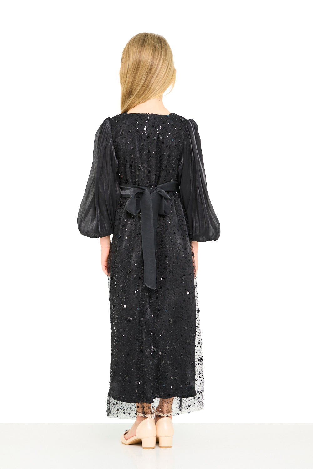 Sequin Panel Puff Sleeve Dress