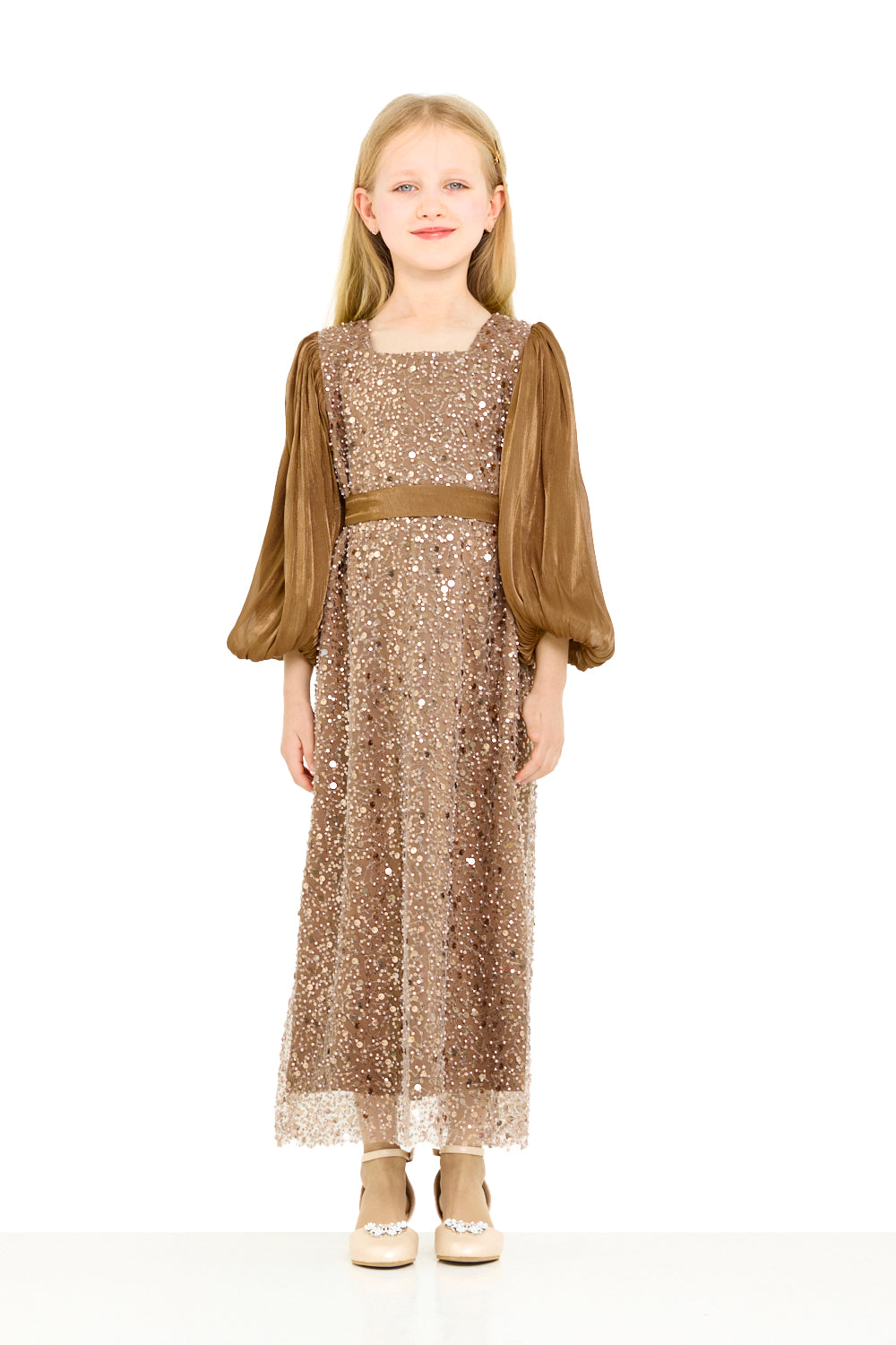 Sequin Panel Puff Sleeve Dress