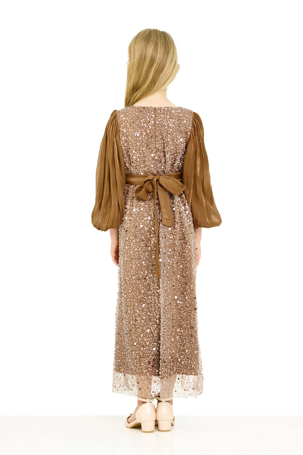 Sequin Panel Puff Sleeve Dress