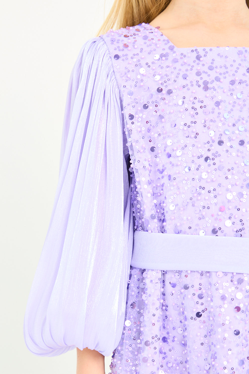 Sequin Panel Puff Sleeve Dress