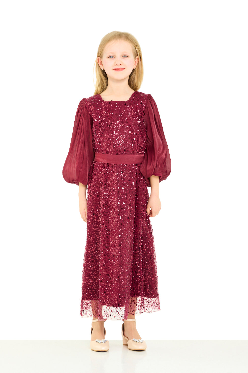 Sequin Panel Puff Sleeve Dress