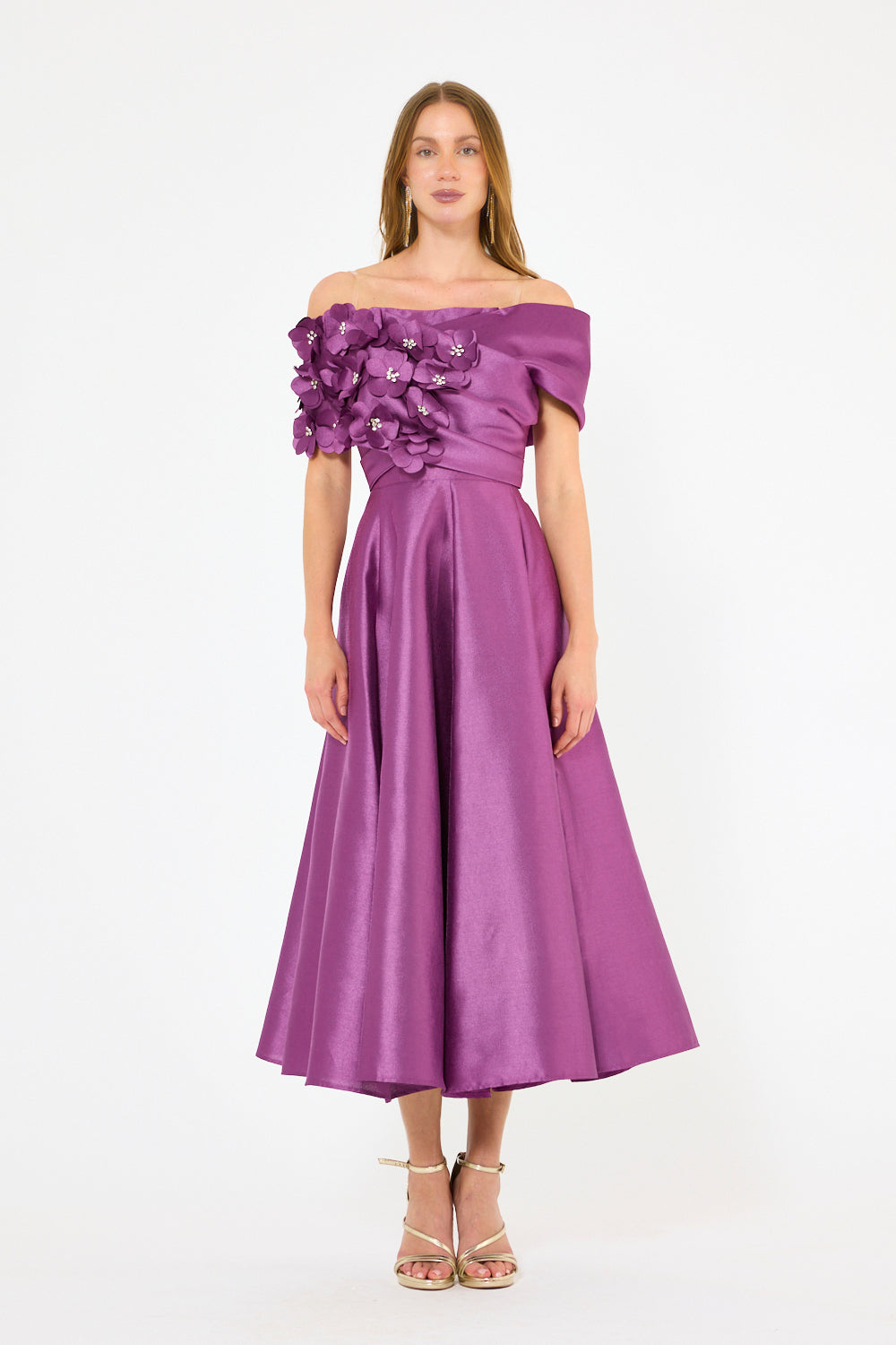 3D Shoulder Bloom Structured Midi Dress