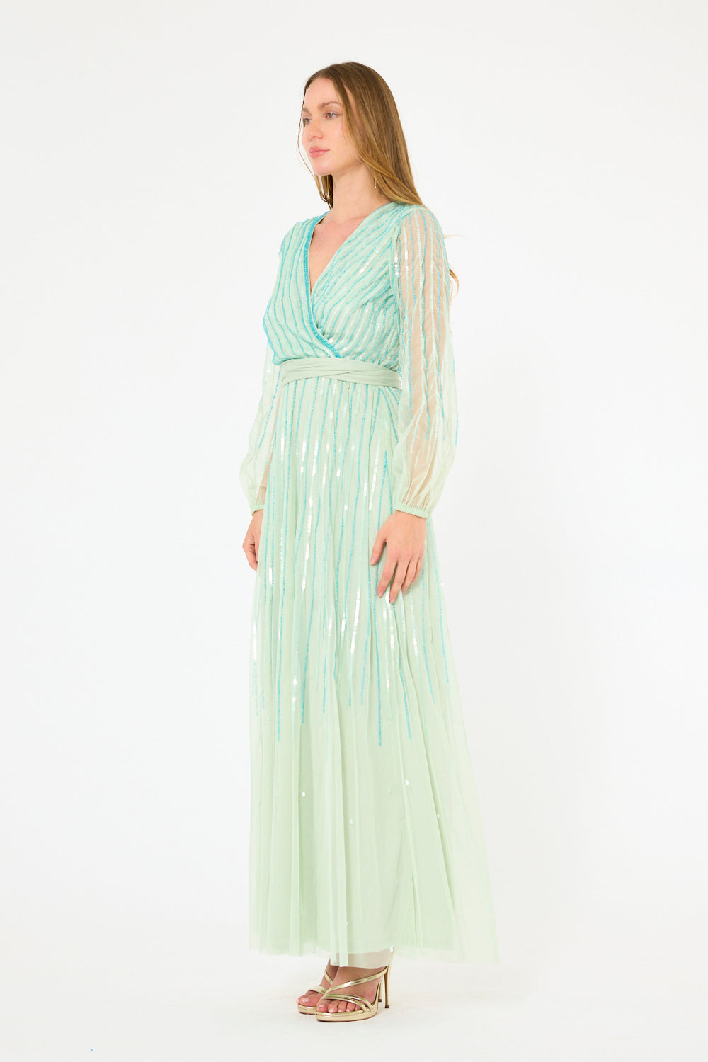 Sheer Sleeve Striped Sequin Gown