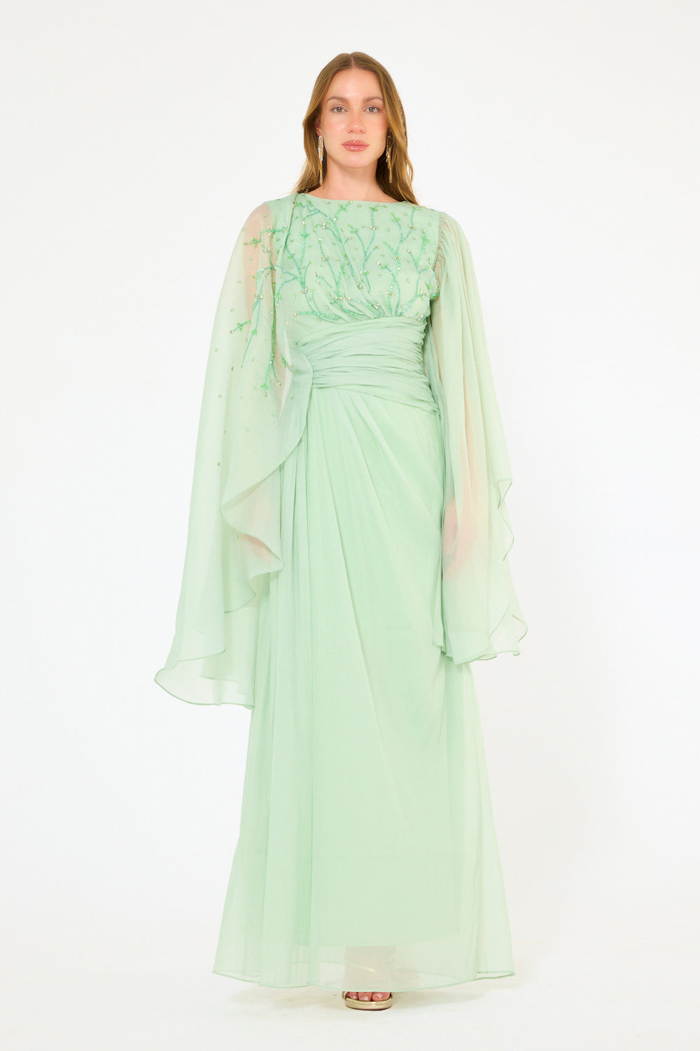 Embellished Sheer Cape Sleeve Maxi Dress