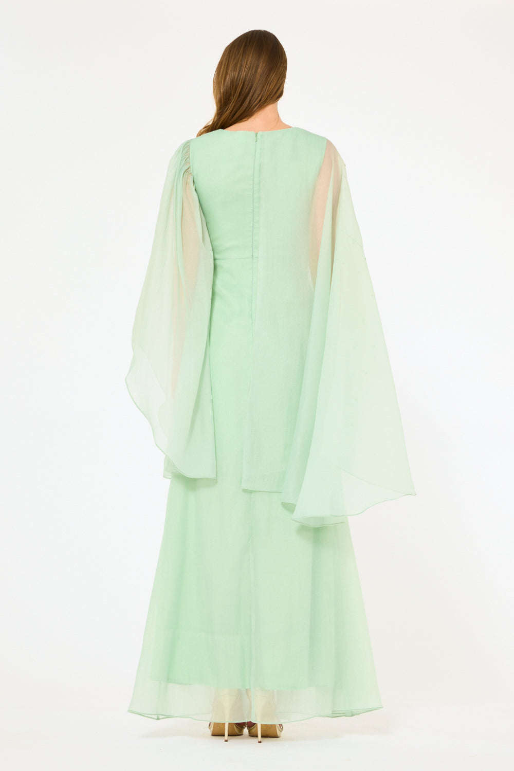 Embellished Sheer Cape Sleeve Maxi Dress
