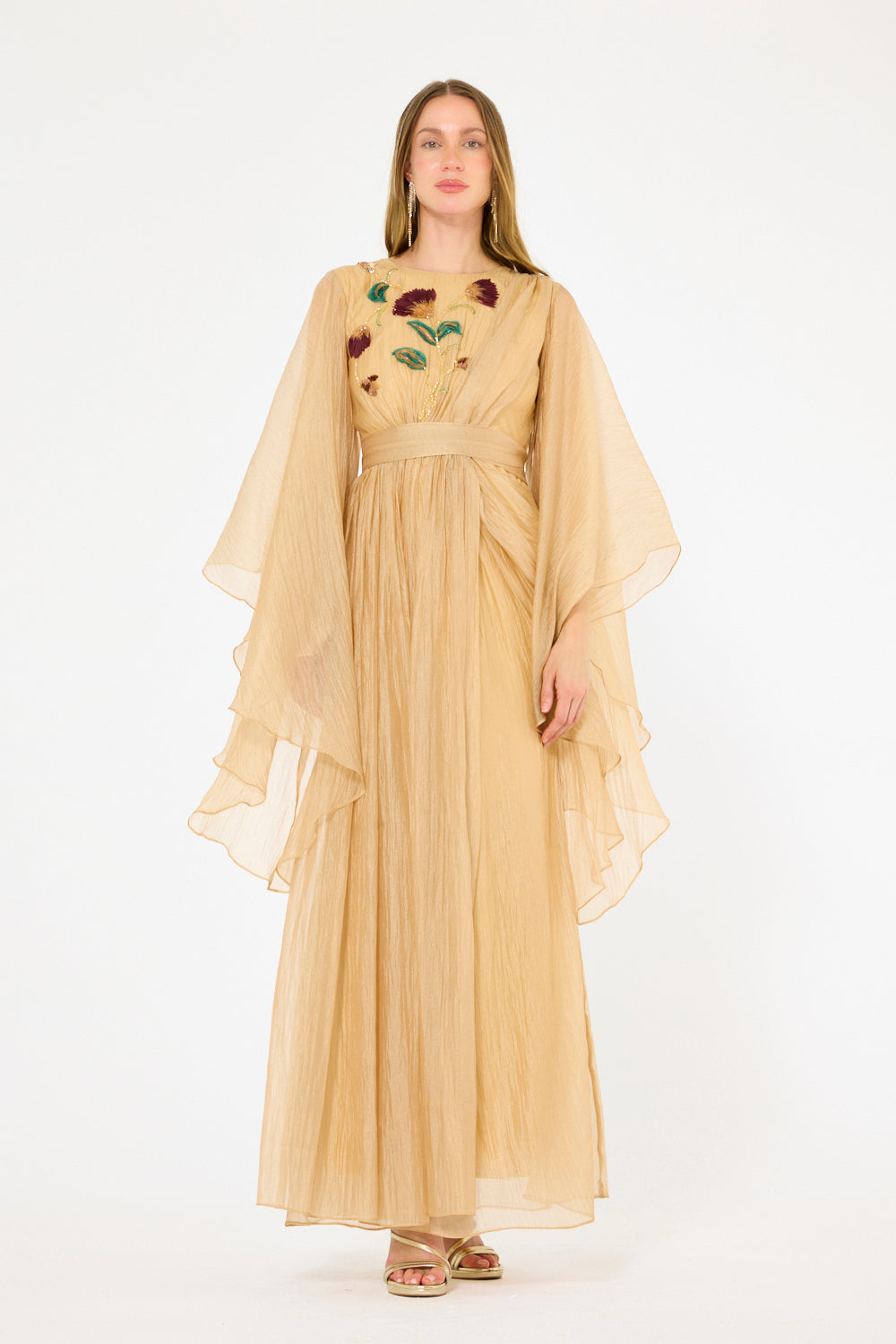 Botanical Embroidered Cape-Sleeve Layered Gown