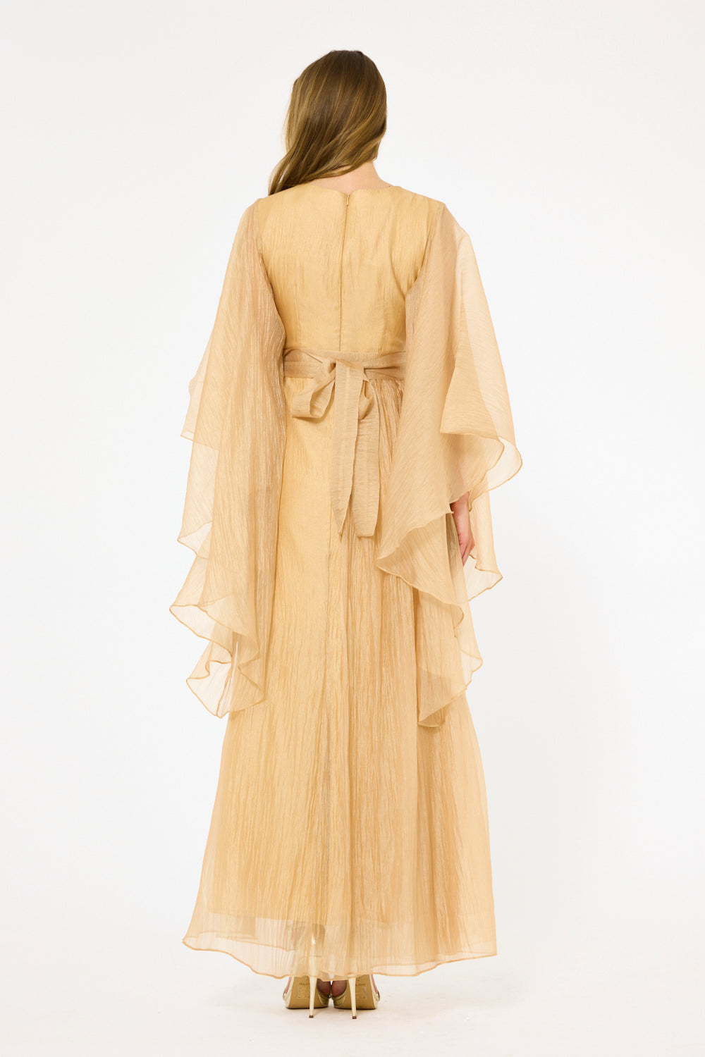 Botanical Embroidered Cape-Sleeve Layered Gown