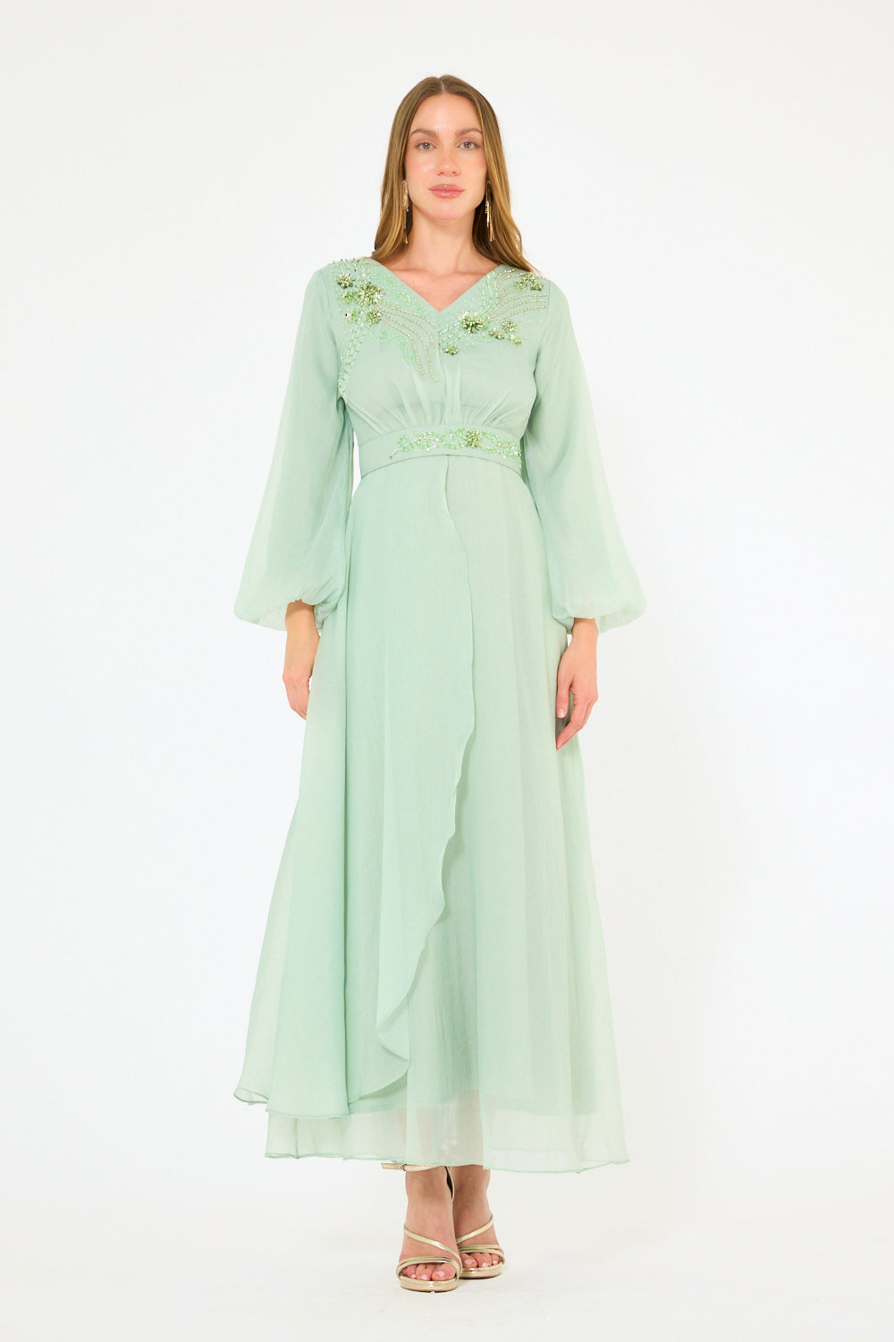 Embellished V-Neck Maxi Dress with Sheer Bell Sleeves