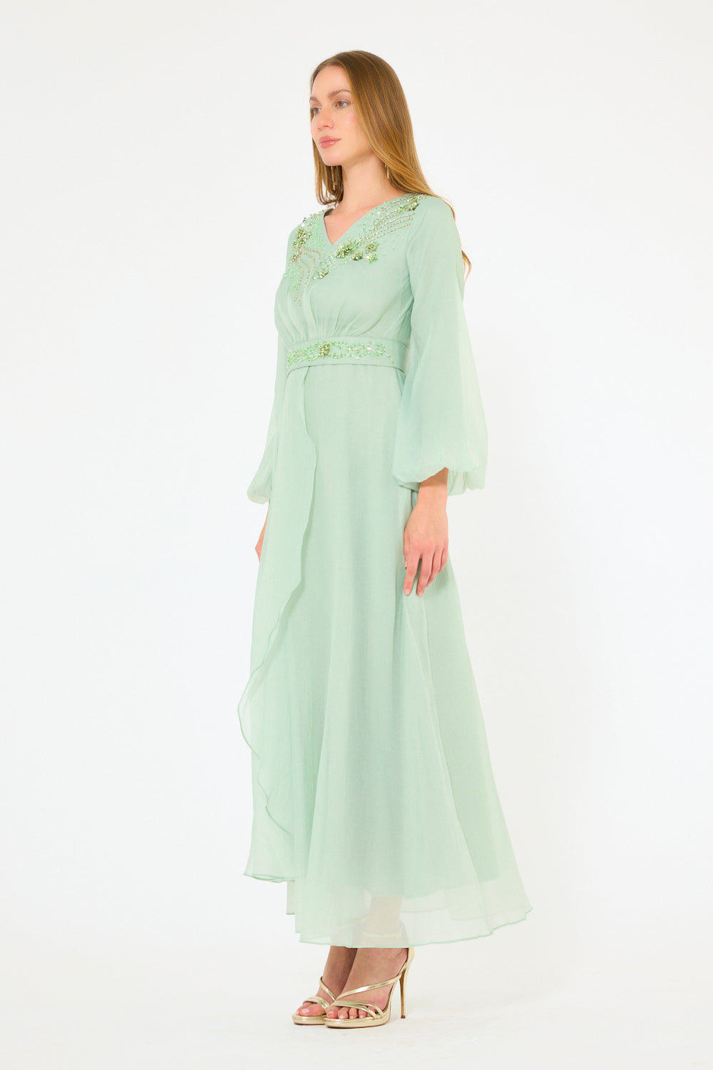 Embellished V-Neck Maxi Dress with Sheer Bell Sleeves