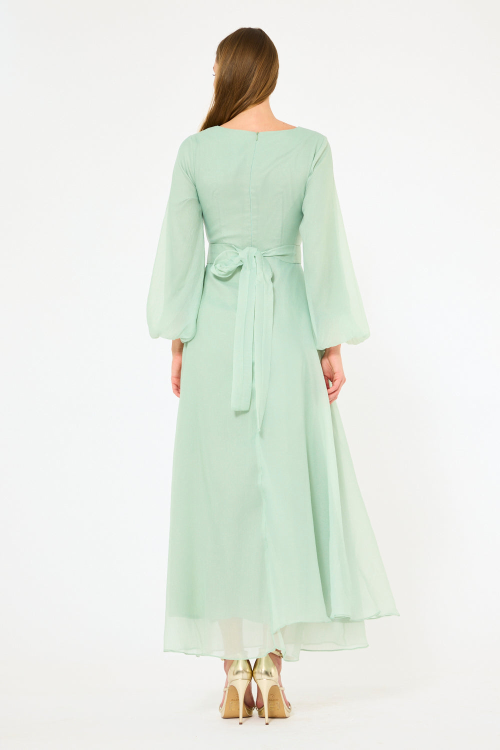 Embellished V-Neck Maxi Dress with Sheer Bell Sleeves