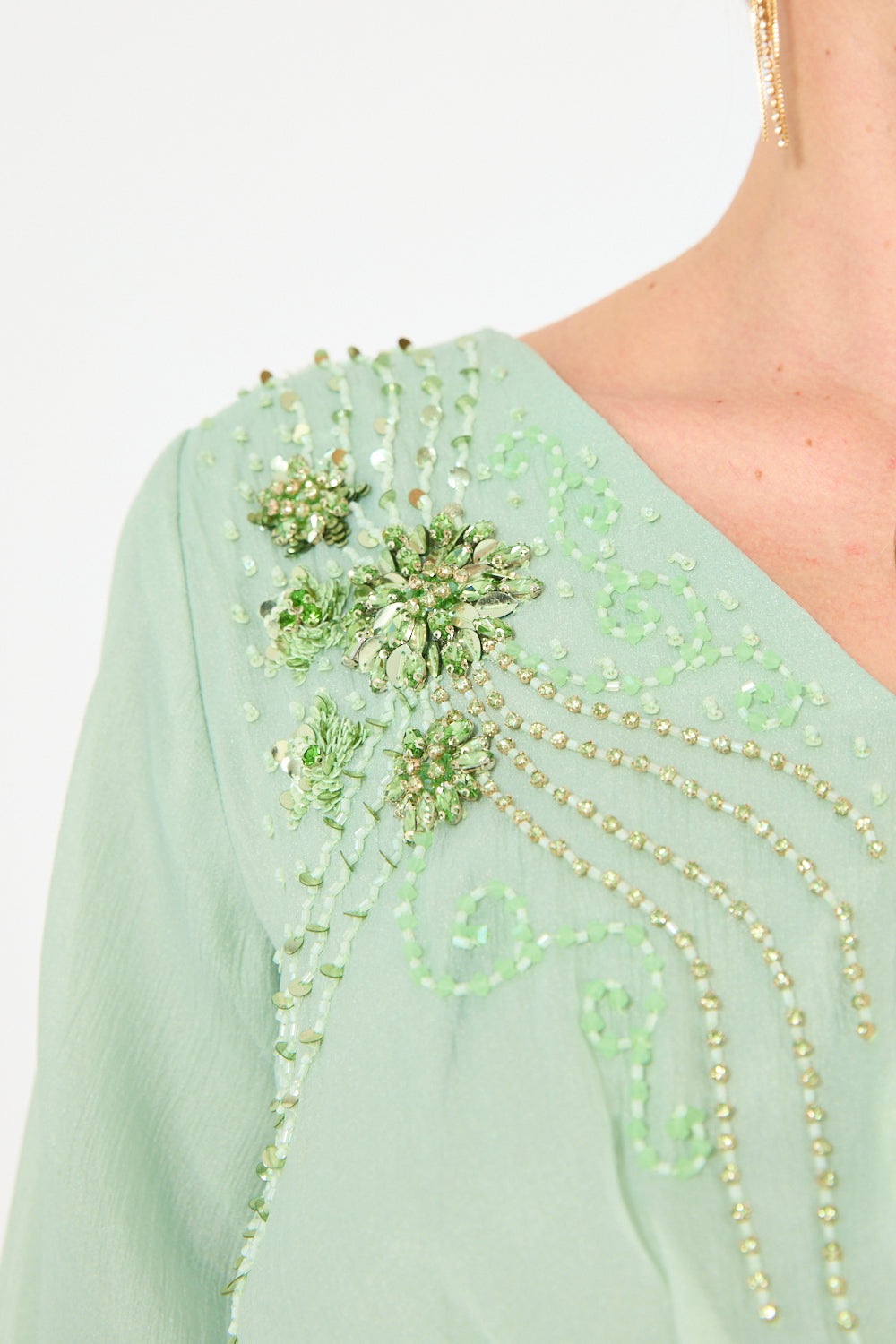 Embellished V-Neck Maxi Dress with Sheer Bell Sleeves